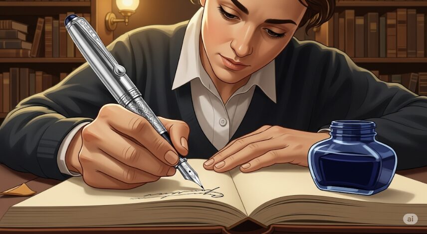革張りの手帳に丁寧に書き込みをする人物と、その横に置かれた精巧な銀色の万年筆とインク壺を描いたイラスト。知識や熟考、そして洗練された体験を連想させる書斎のような空間。