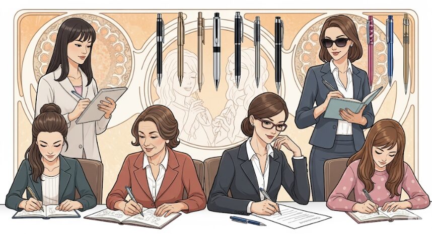 会議でメモを取るビジネスウーマン、スケッチをする女性、契約書にサインする女性など、様々なシーンでペンを使用する女性たちを描いたイラスト。多様なデザインや色のペンが、女性の個性やライフスタイルに寄り添うアイテムであることを示唆。