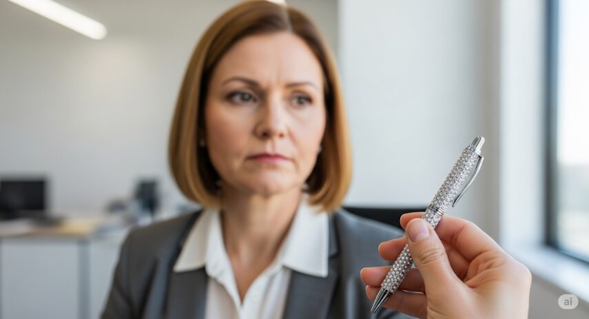 職場環境で、スワロフスキーのボールペンを受け取った女性が不満そうな表情を浮かべている。