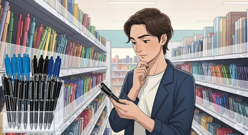 ギフト選びで悩む人が、文房具店で一般的なボールペンを選んでいるイラスト。プレゼント選びで失敗しないためのポイント。