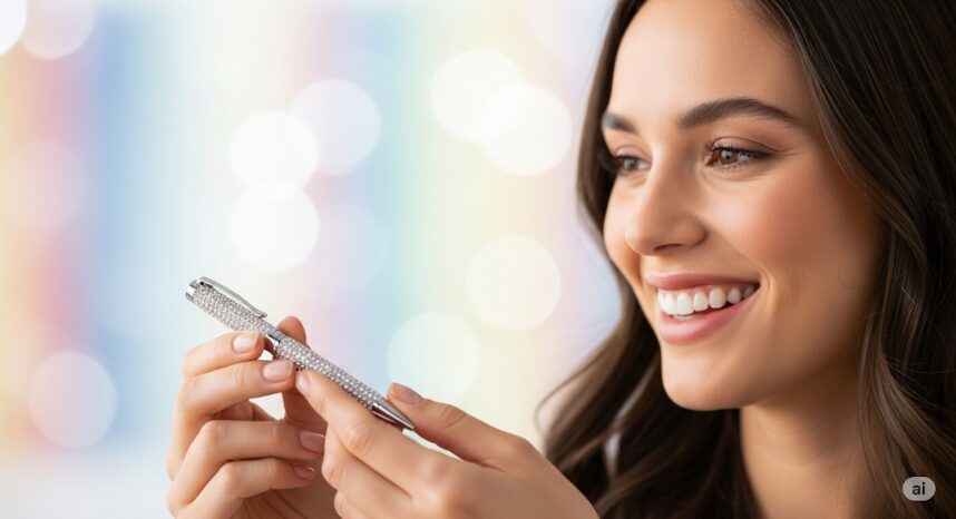 美しいギフトボックスに入ったスワロフスキーのボールペンを受け取り、満面の笑みを浮かべる女性。