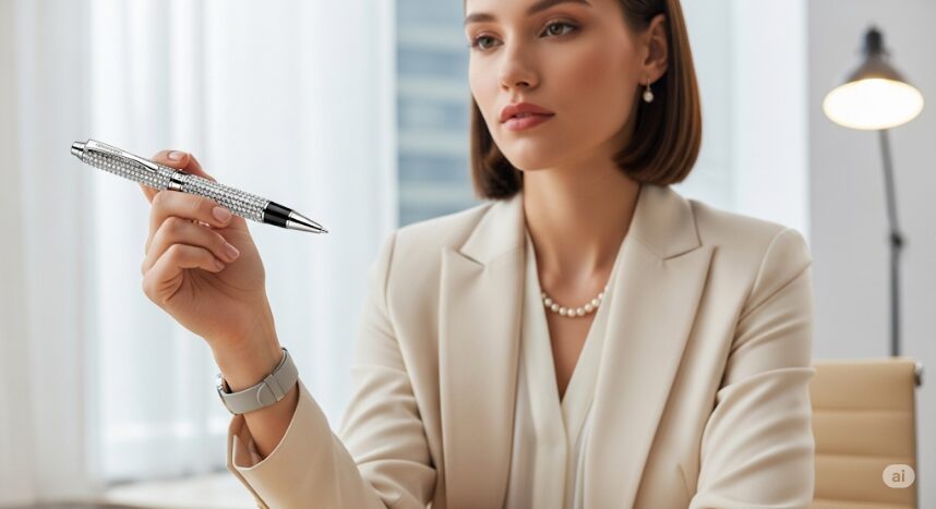 スタイリッシュなスーツ姿の20代後半の女性が、エレガントなスワロフスキーのボールペンを手にしている。
