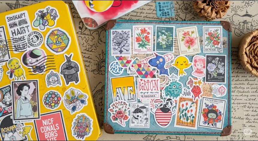 シール、スタンプ、マスキングテープで華やかにデコレーションされた手書きバースデーカードのクローズアップ。手軽にカードを飾るための様々なデコレーションアイテムの活用例です。