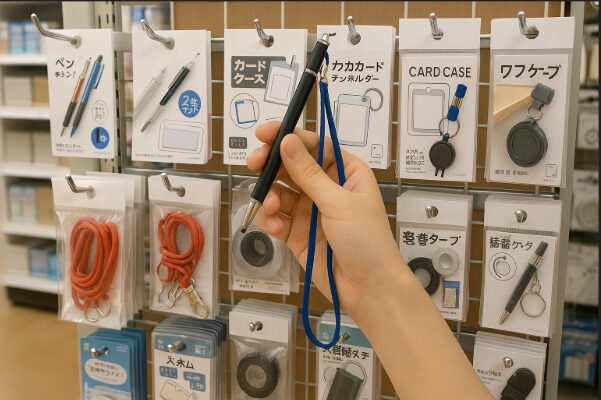 100円ショップの文房具売り場で並ぶボールペン用グッズの棚を撮影した写真